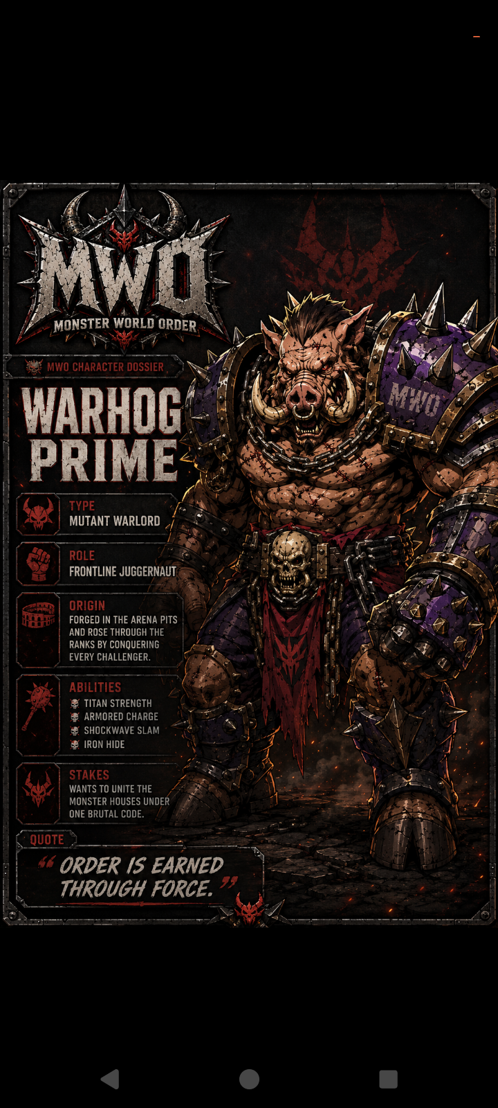 Warhog Prime — Monster World Order character portrait