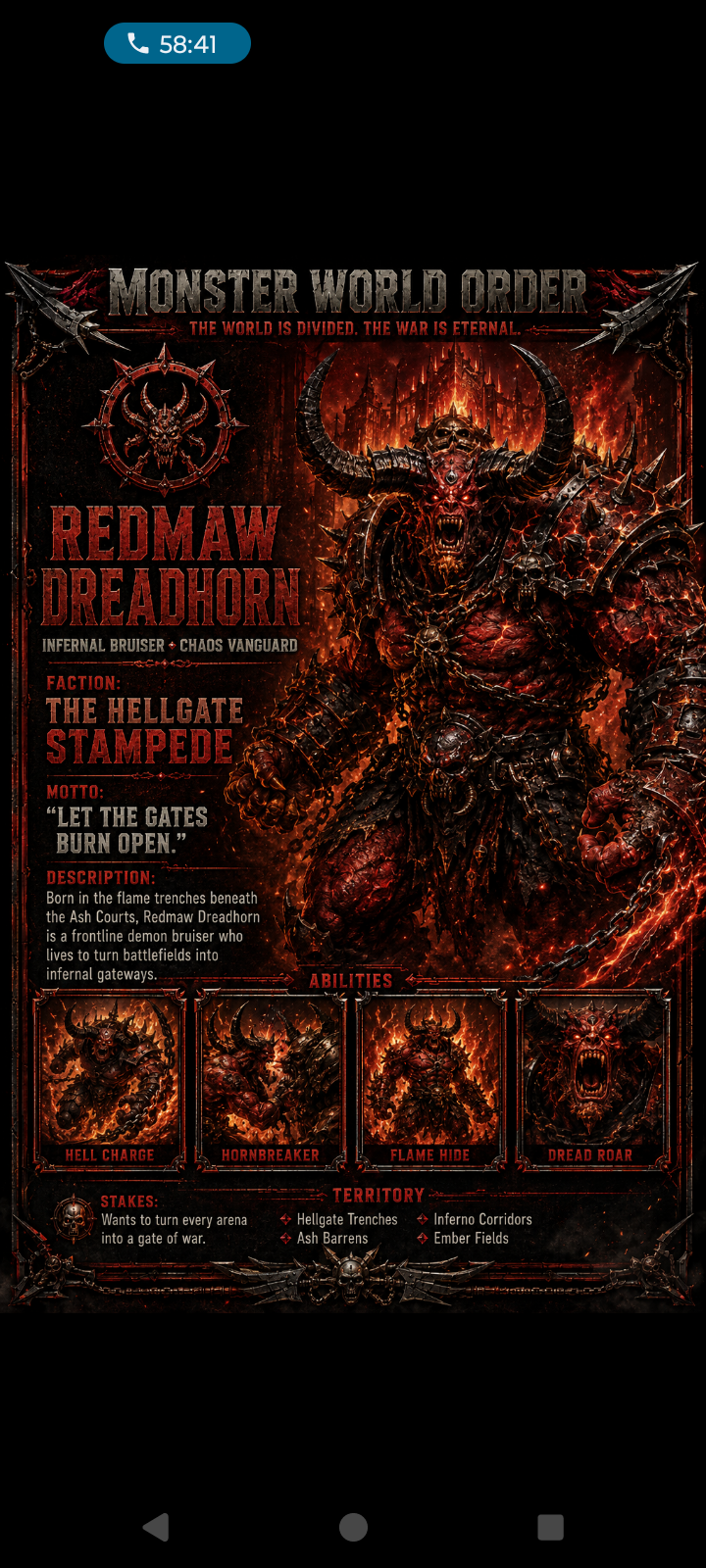 Redmaw Dreadhorn — Monster World Order character portrait
